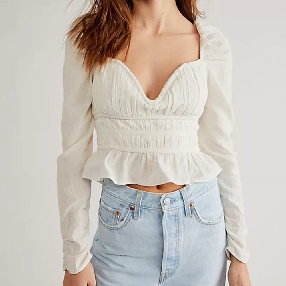 NEW Free People Chloe Top in White Long Sleeve Blouse Small S